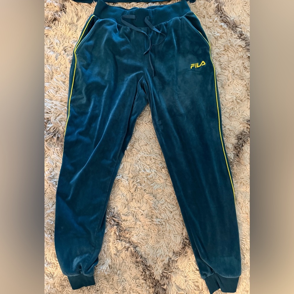 Women’s Fila Velour Dark Teal and Yellow Track Pants (small)